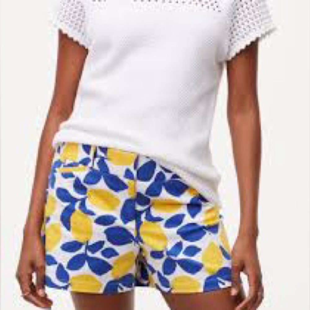 LOFT Blue and Yellow Leaf Print Bermuda Shorts